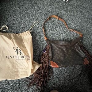 Vintage Boho Brown and Tan Fringe Shoulder Bag repurposed Louis Vuitton
